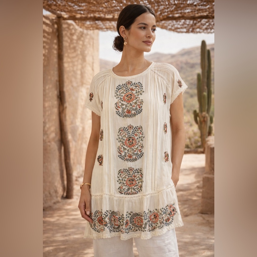 Sundance Ivory Embroidered Boho Tunic Top XS Floral Lace Lined Oversized